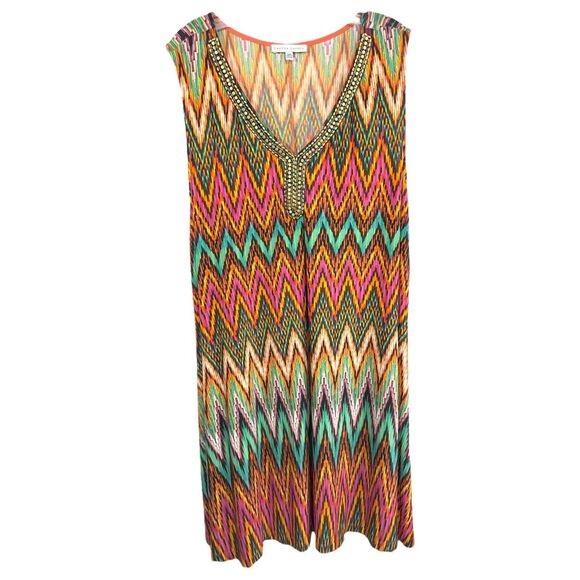 Sandra Darren Plus Size 22W Dress Chevron Shift Beaded Midi Sleeveless Bold 1207 - Picture 1 of 9